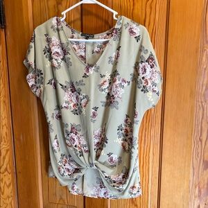 West Kei Olive Floral Knot Front Blouse